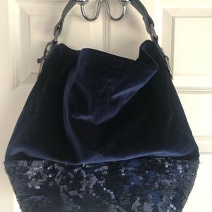 Sequined velvet purse with leather strap